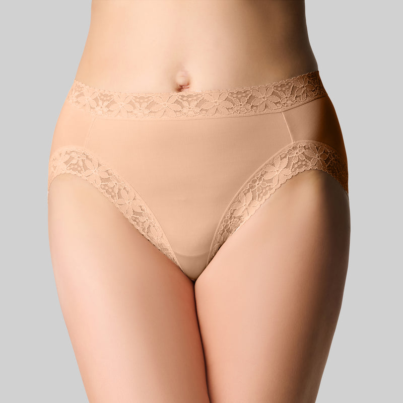 Micro & Lace Hi Cut Brief - Buff